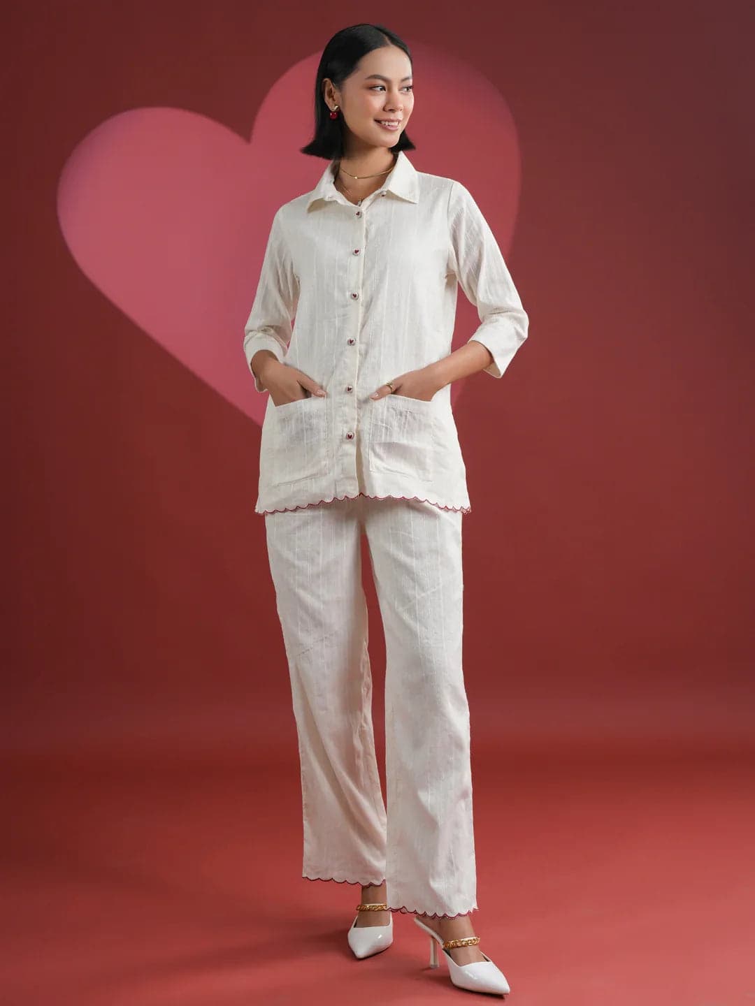 Volso Fashion White Solid Print Cotton Night Suit Set