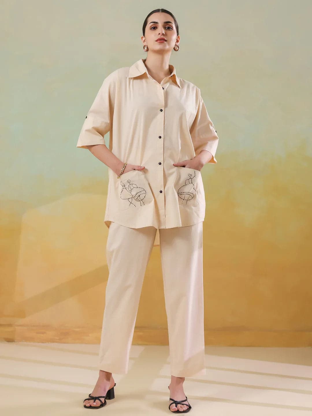 Volso Fashion Women's Cream Color Embroidered Co-Ord Set