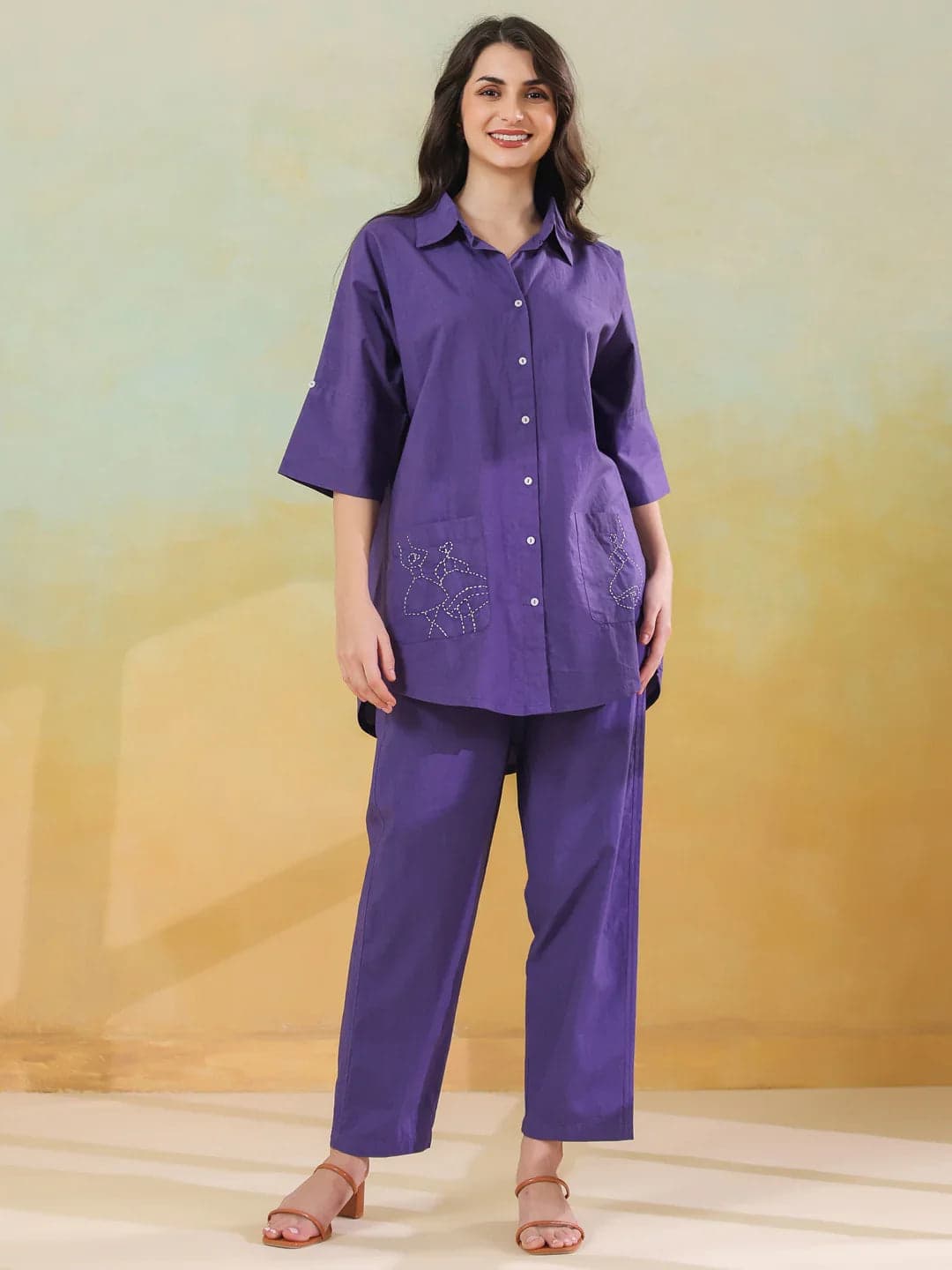 Volso Fashion Women's Purple Color Shirt Collar Pure Cotton Co-Ord Set