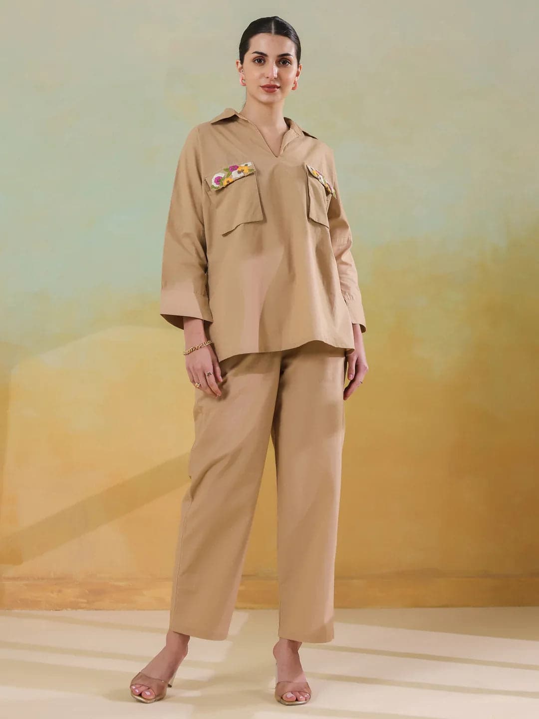 Volso Fashion Women's Cream Color Shirt Collar Polyester Co-Ord Set