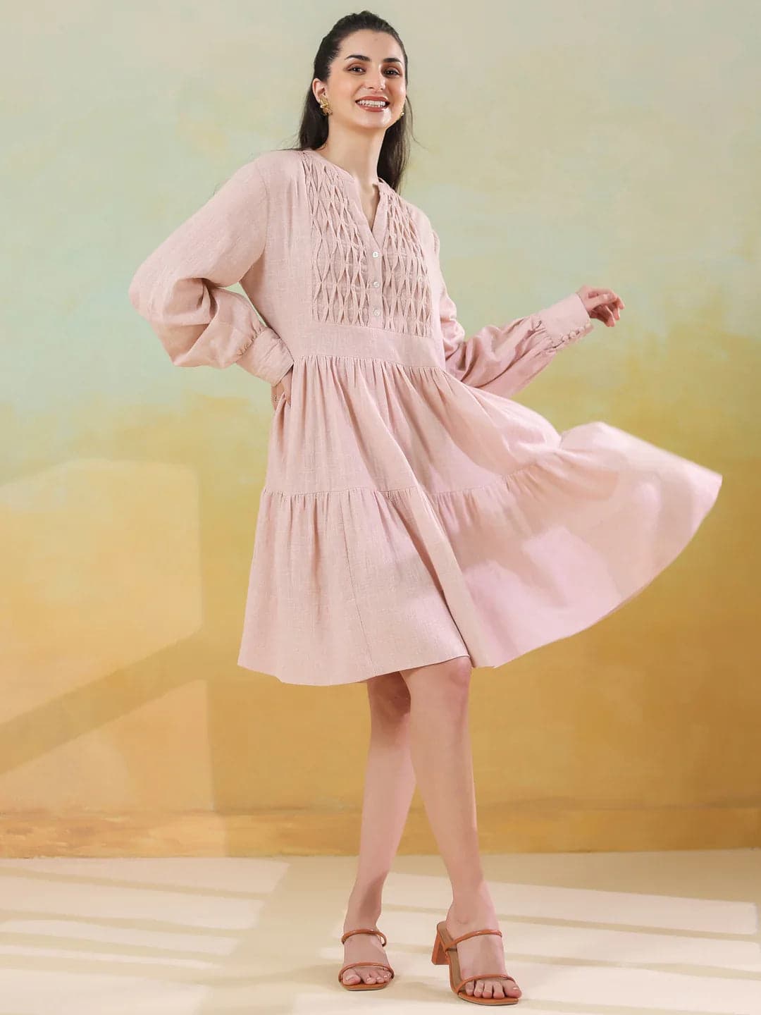 Volso Fashion Women's Pink Round Neck Solid Dress