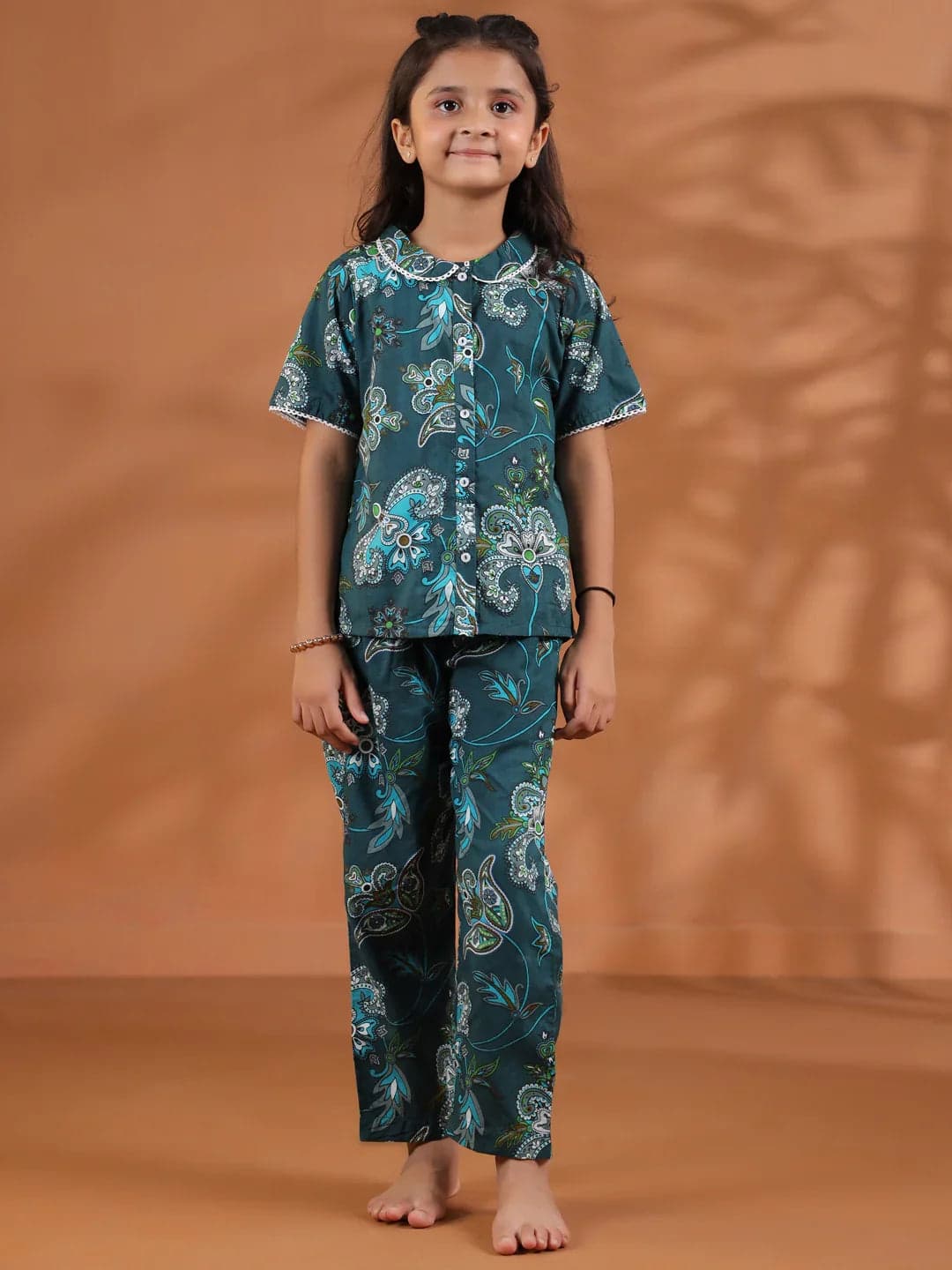Volso Fashion Green Round Neck Floral Printed Kids Night Suit Set