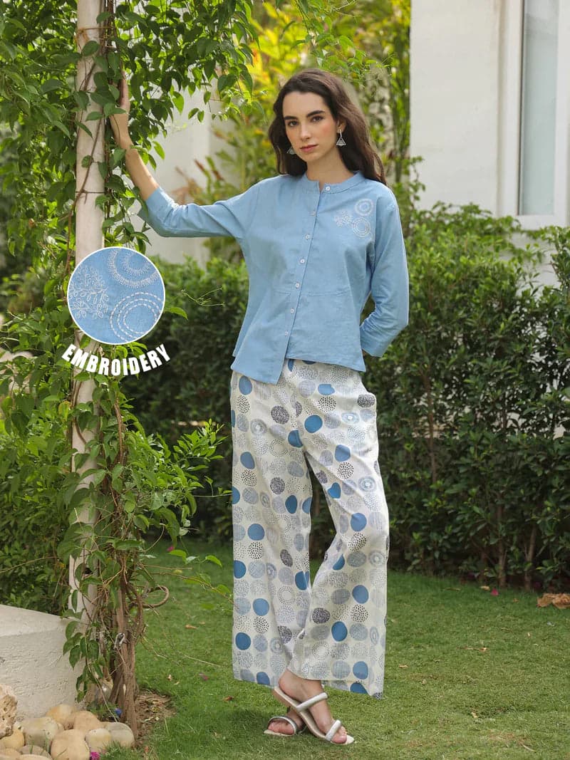 Volso Fashion Women's Blue Mandarin Collar Pure Cotton Shirt Dyed Co-Ord Set