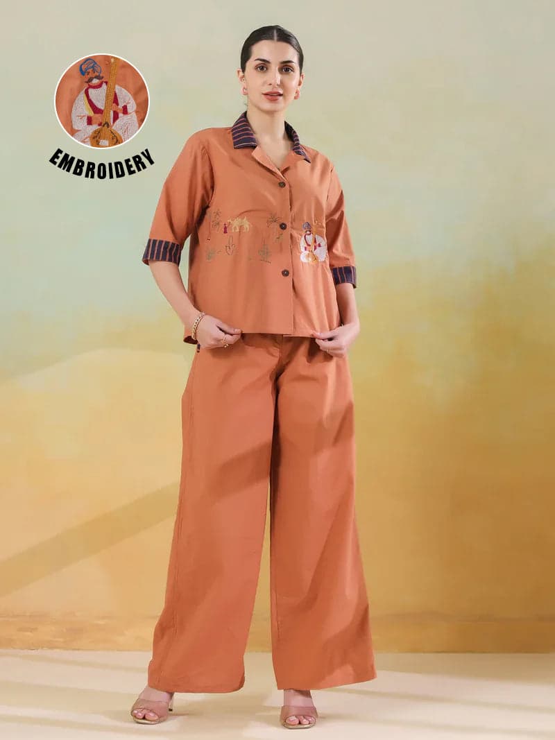Volso Fashion Women's Brown Polyester Shirt Collar Co-Ord Set