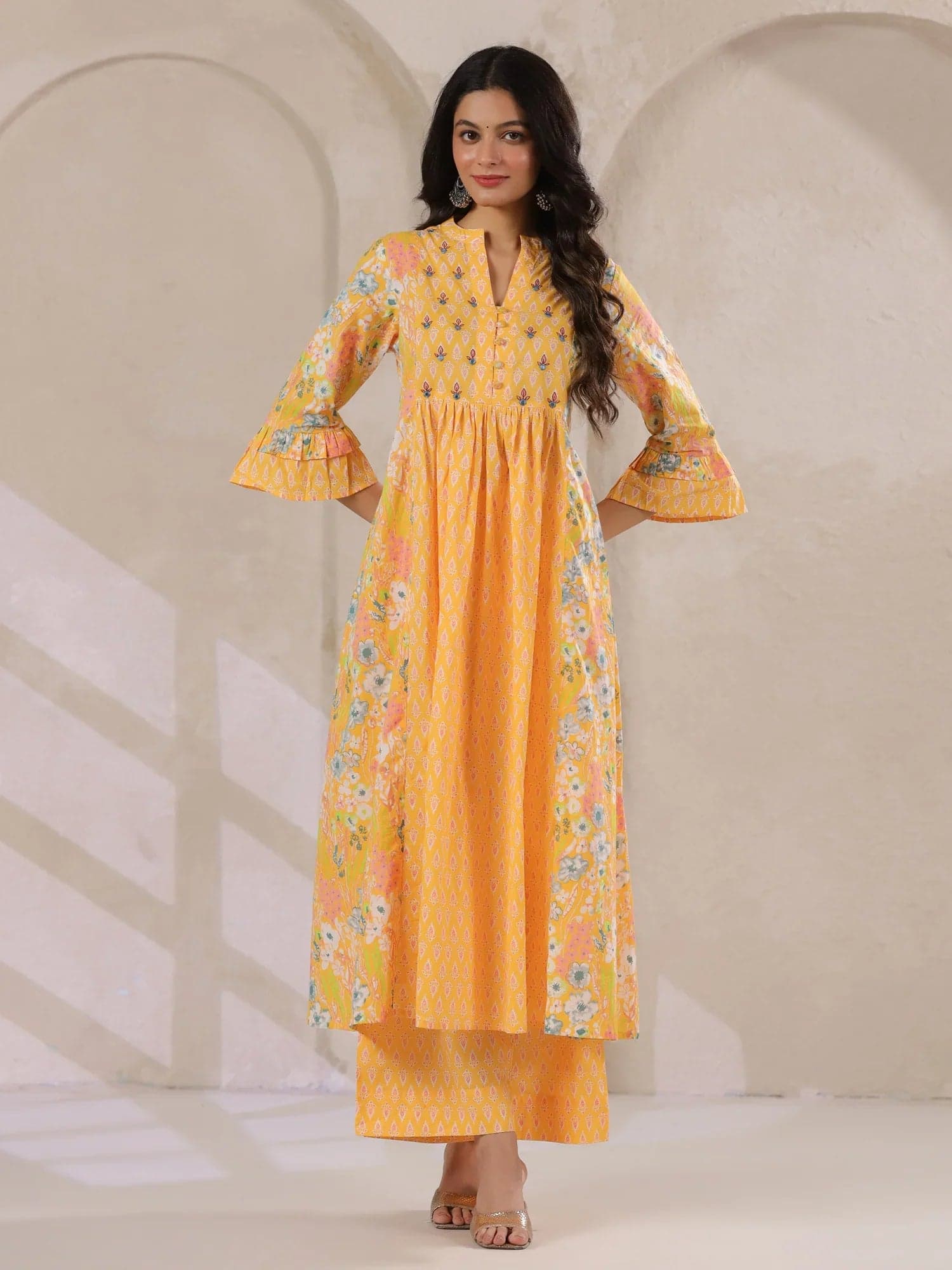 Volso Fashion Women's Yellow V-Neck Cotton Kurta With Floral Print And Palazzos